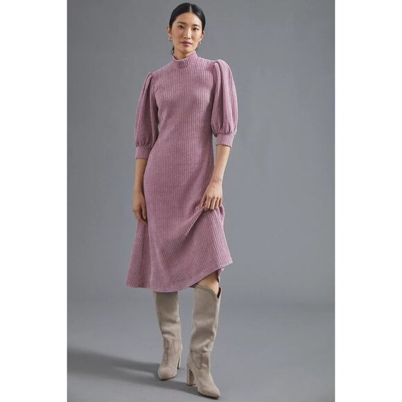 Anthropologie Dresses & Skirts - Anthropologie X Hutch Puff-Sleeved Knit Chenille Midi Dress Pink Size XS